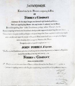 Accord de partenariat pour Forbes et Compagnie, Bombay, 1811 - Scottish School
